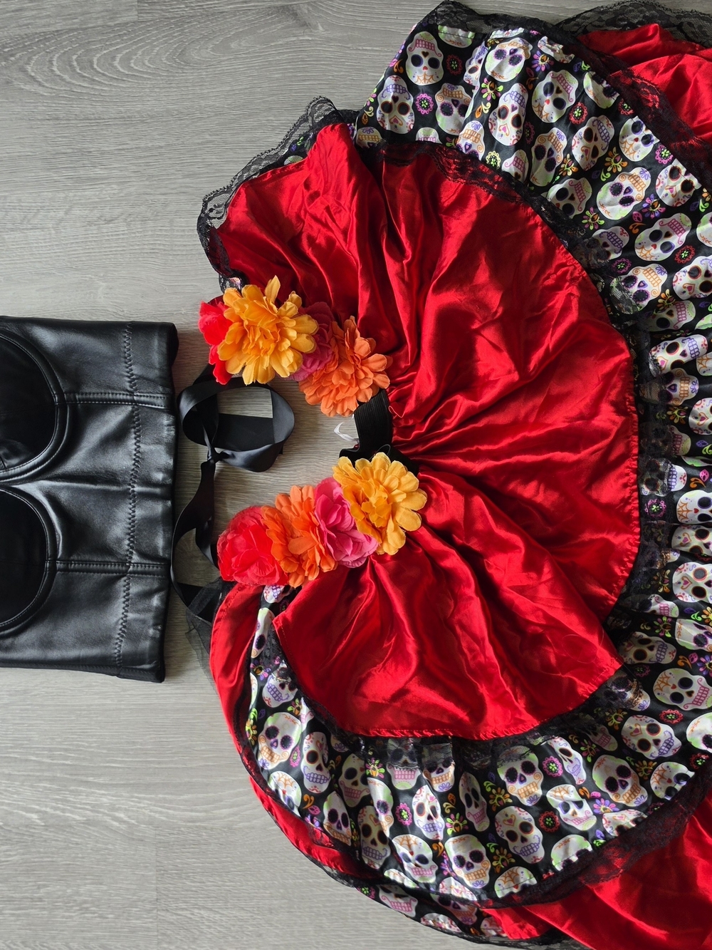 Red Floral Day of the Dead Skirt with Skull Border